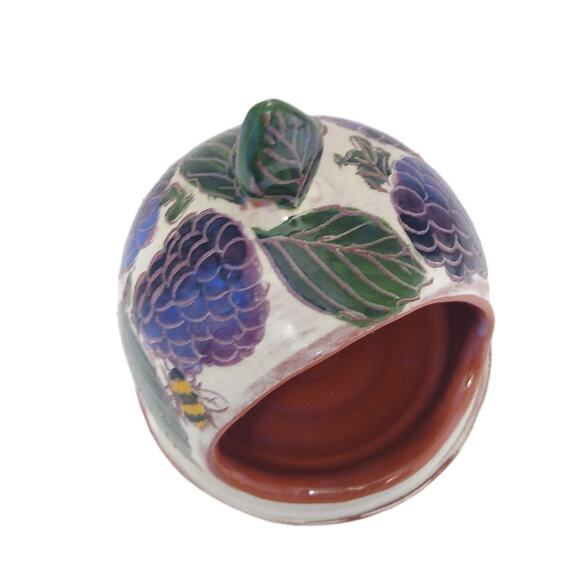 Artist Signed Christy Terracotta Bumble Bee and Grapes Tea Light Candle Holder - Picture 7 of 8